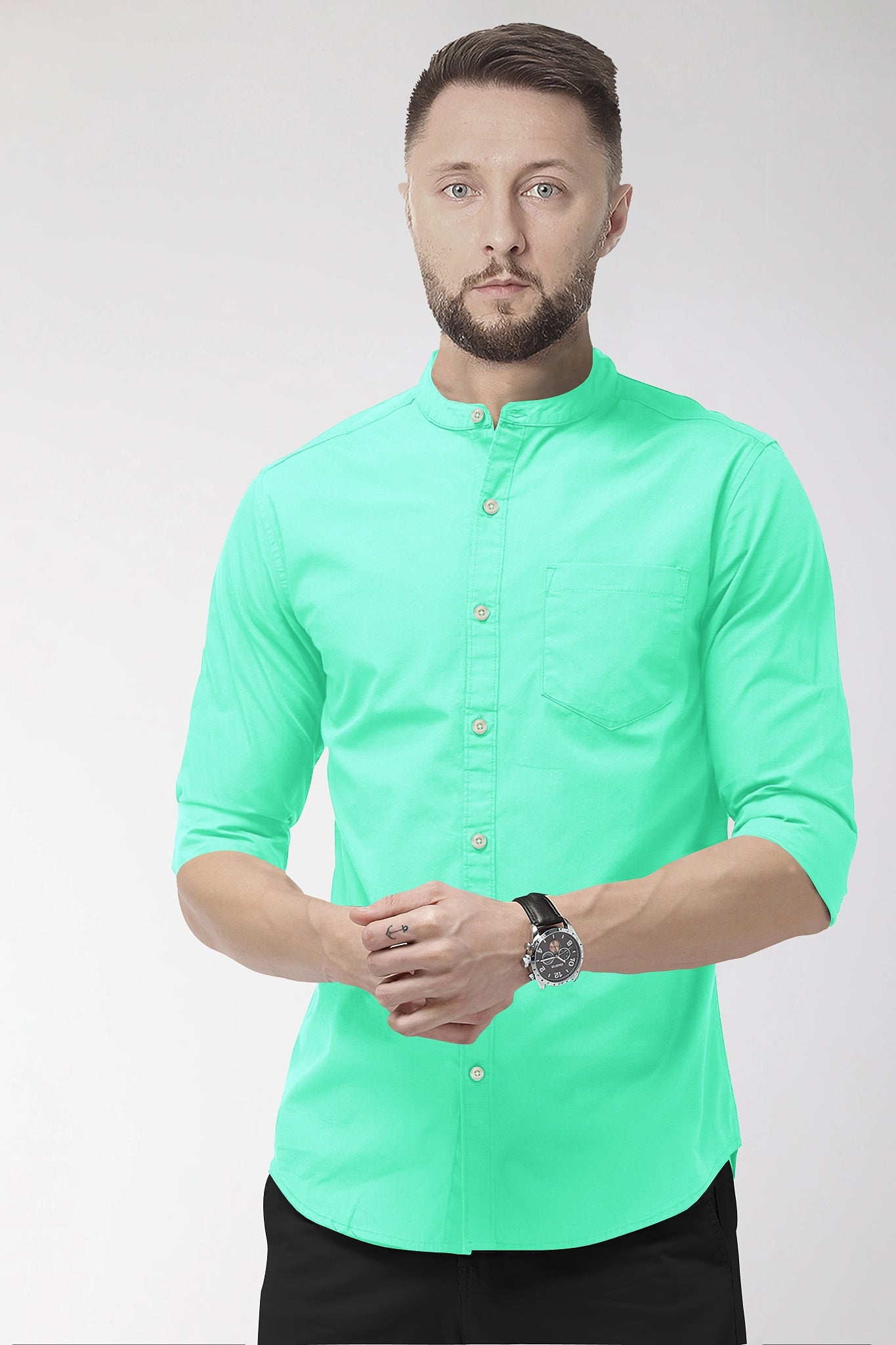 Celeste Blue Mandarin Collar Giza Cotton Shirt