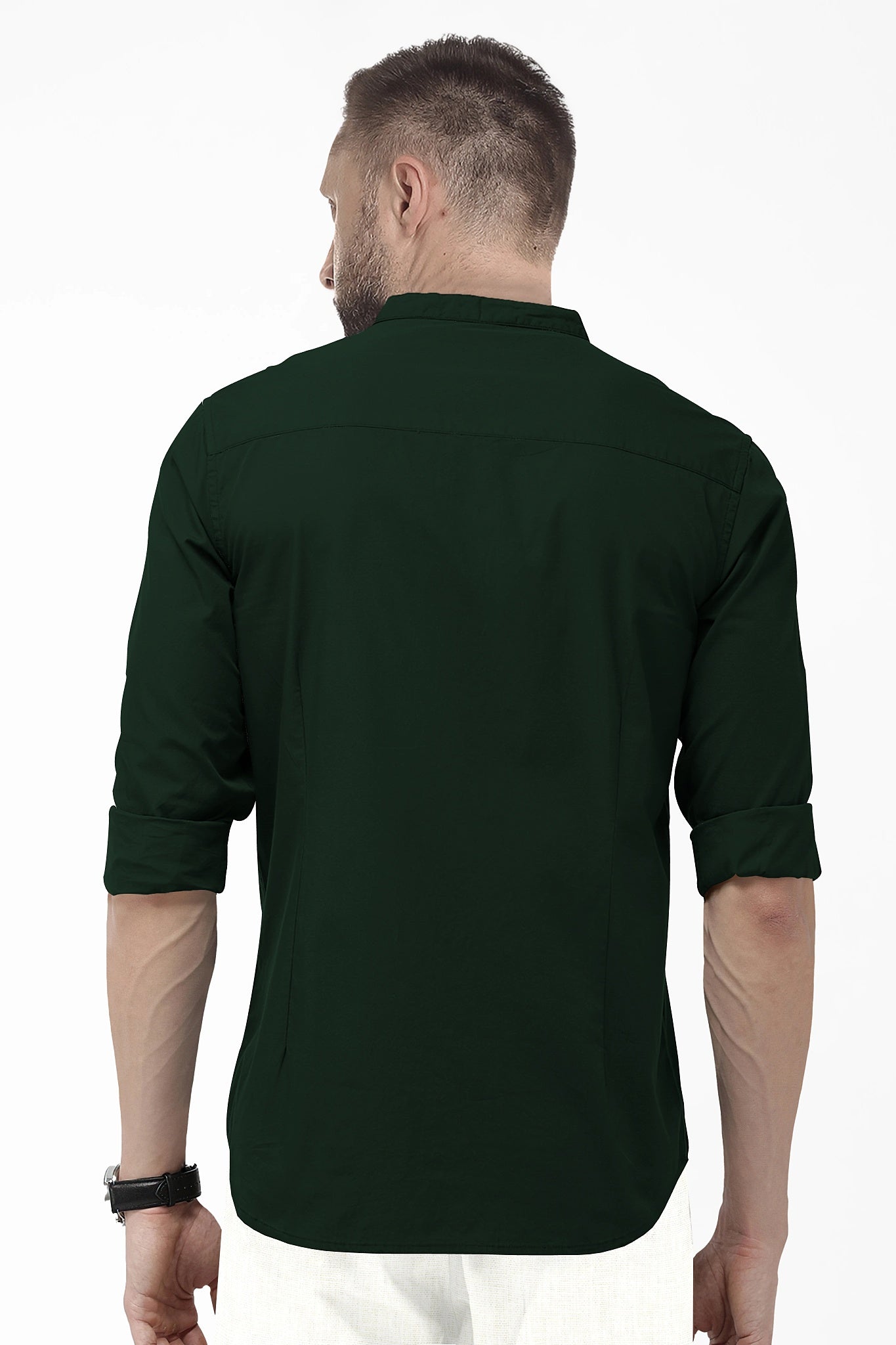 Forest Green Mandarin Collar Giza Cotton Shirt