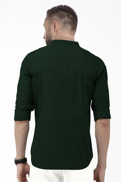 Forest Green Mandarin Collar Giza Cotton Shirt