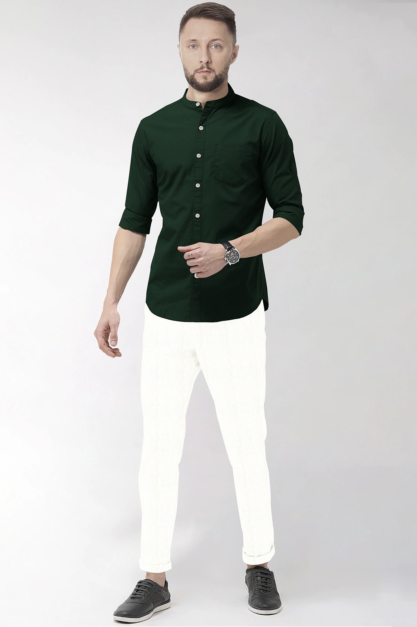 Forest Green Mandarin Collar Giza Cotton Shirt