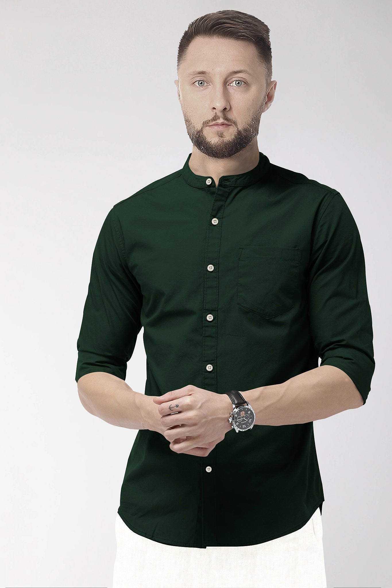 Forest Green Mandarin Collar Giza Cotton Shirt