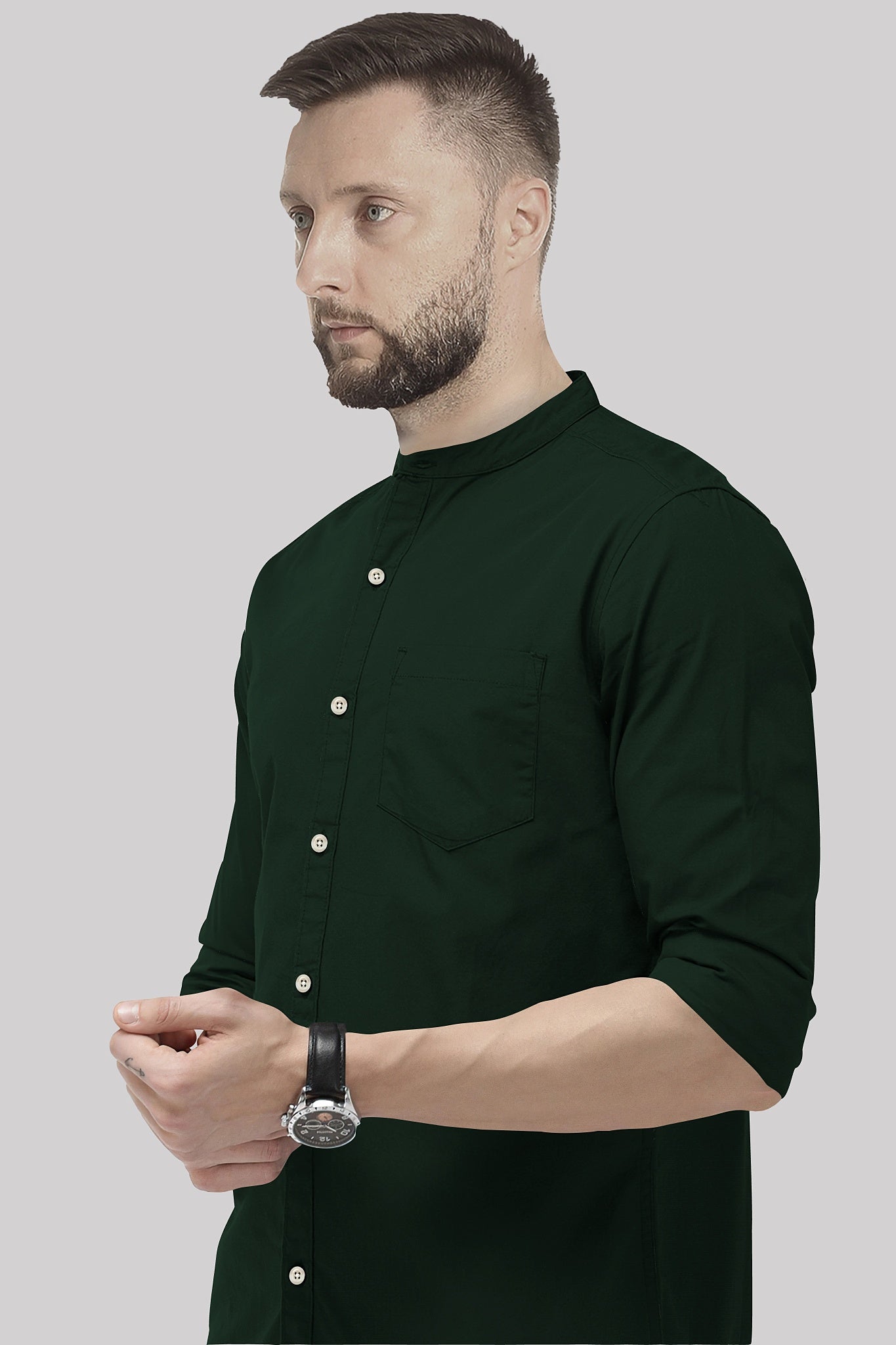 Forest Green Mandarin Collar Giza Cotton Shirt