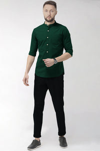 Forest Green Mandarin Collar Giza Cotton Shirt