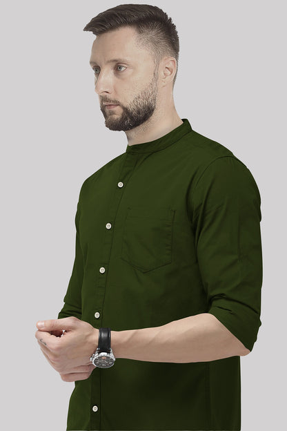 Basil Green Mandarin Collar Giza Cotton Shirt