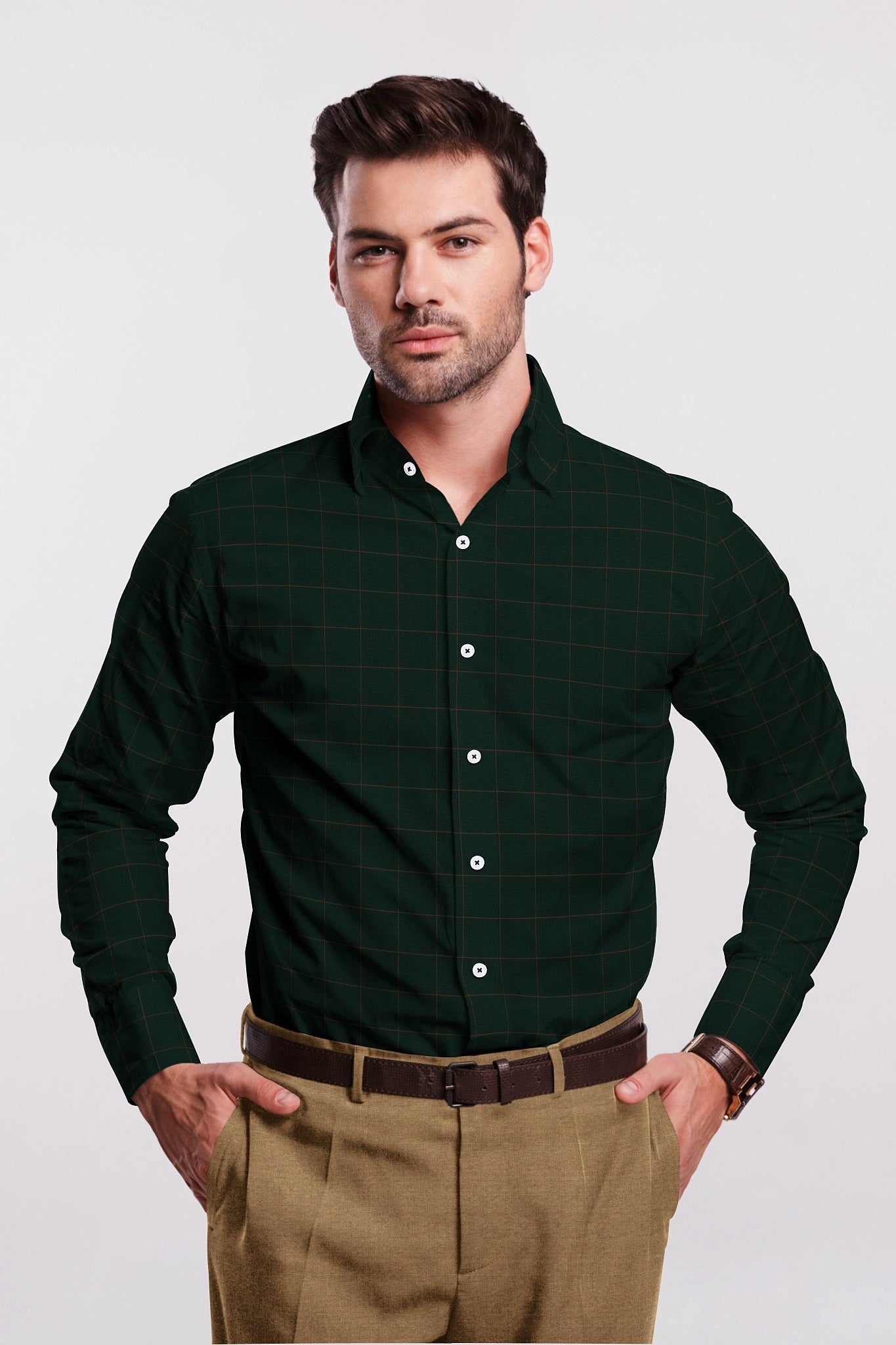 Foliage Green and Almond Brown Windowpane Checks Premium Cotton Shirt