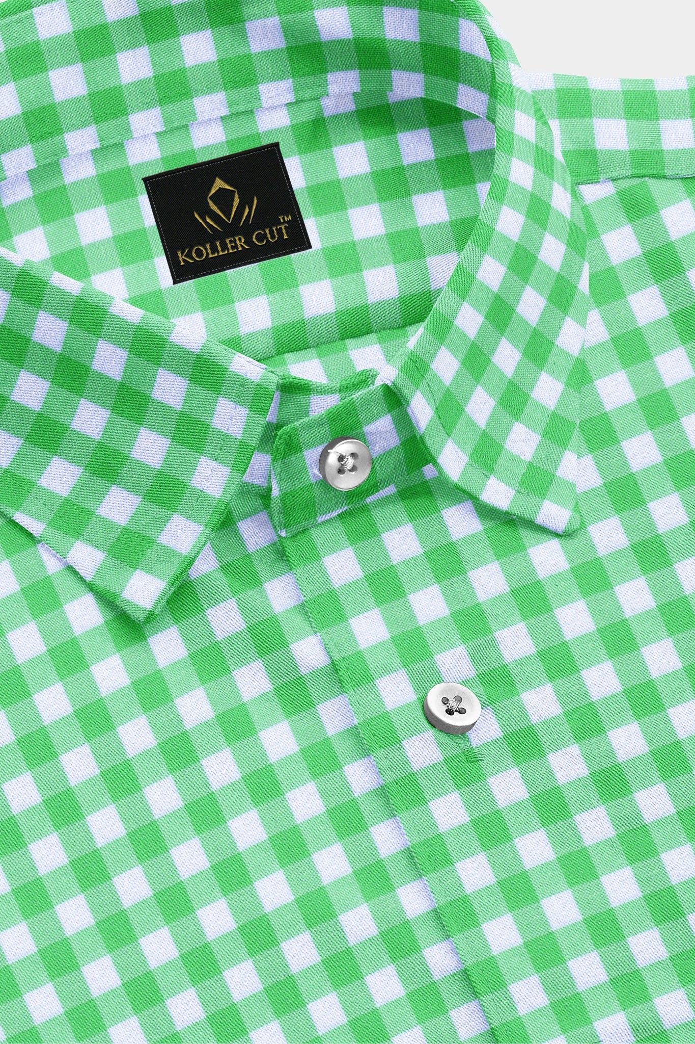 White with Lime Green Gingham Checks Cotton Shirt