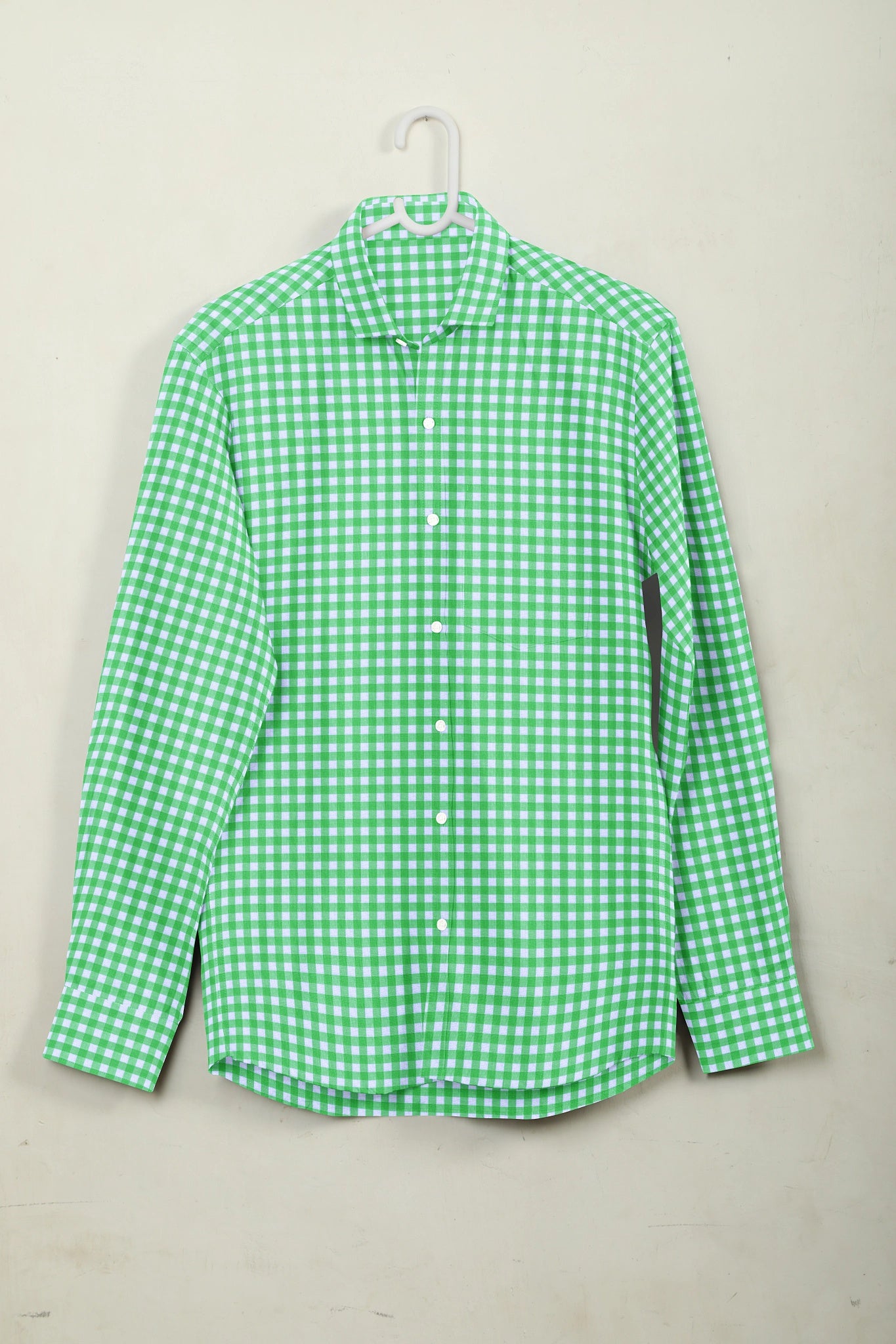 White with Lime Green Gingham Checks Cotton Shirt