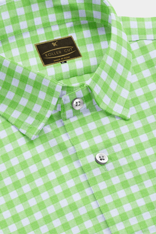 White with Lime Green Gingham Checks Cotton Shirt
