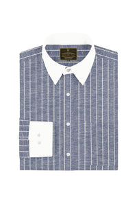 Denim Blue and White Pinstripes Designer Cotton Linen Shirt
