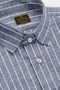 Denim Blue and White Pinstripes Cotton Linen Shirt