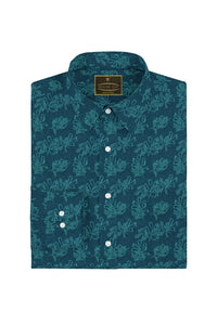 Teal Blue and Turquoise Blue Lily Flower Jacquard Print Premium Cotton Shirt