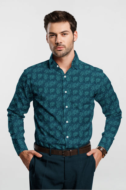 Teal Blue and Turquoise Blue Lily Flower Jacquard Print Premium Cotton Shirt