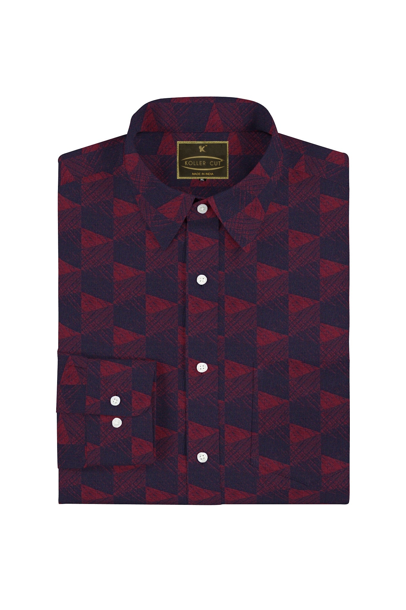 Midnight Blue and Burgundy Red Jacquard Extruded Triangle Printed Cotton Shirt