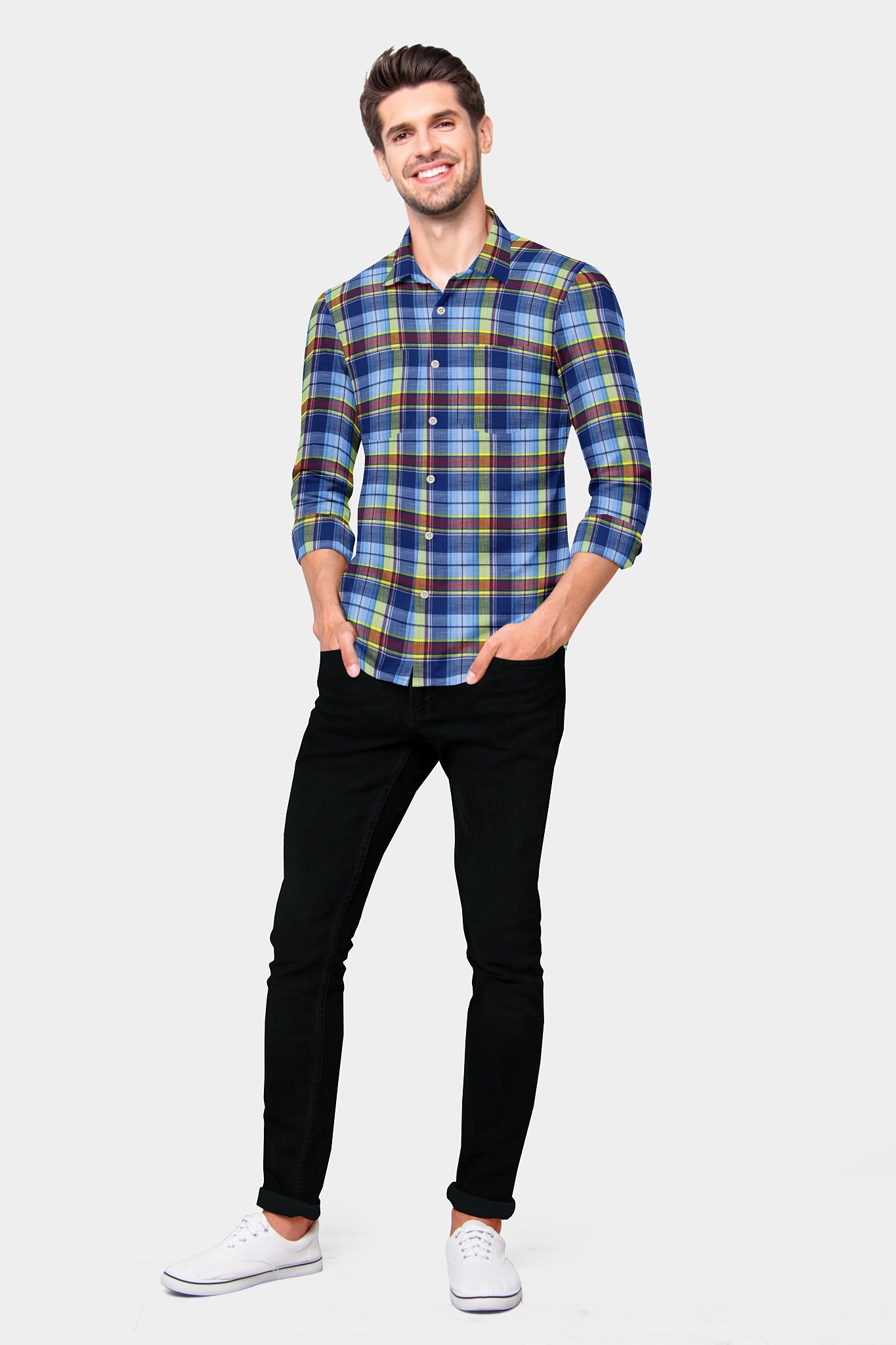 Tropical Blue with Maroon and Cadmium Yellow Checks Cotton Shirt