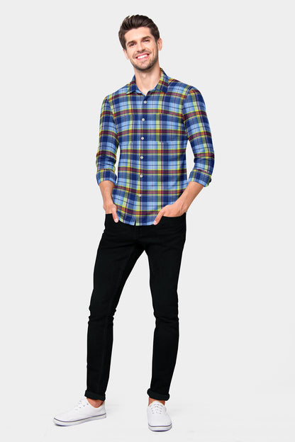 Tropical Blue with Maroon and Cadmium Yellow Checks Cotton Shirt
