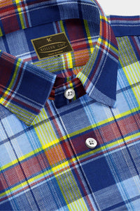 Tropical Blue with Maroon and Cadmium Yellow Checks Cotton Shirt