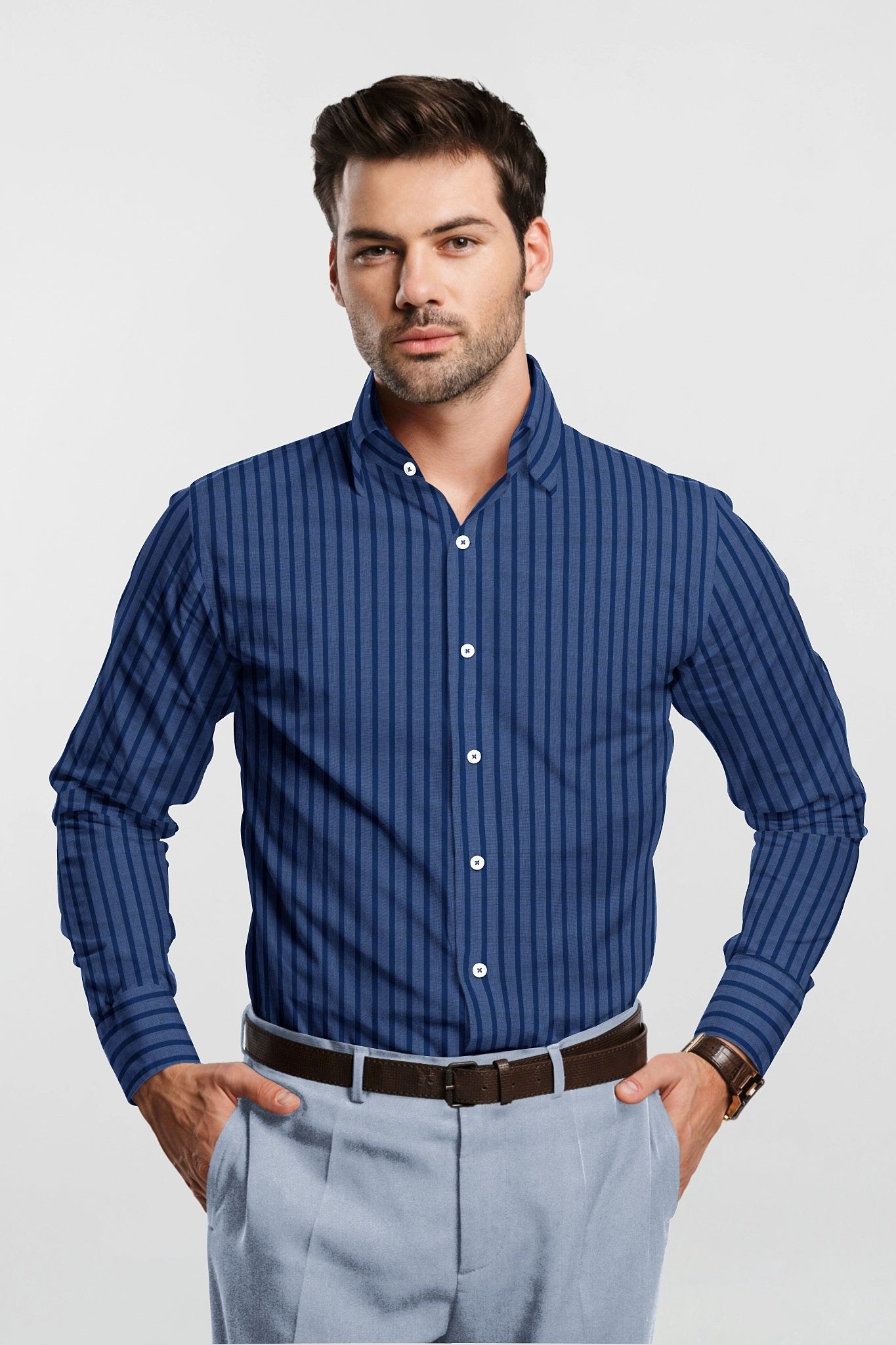 Aegeon Blue and Azure Blue Chalk Stripes Premium Cotton Shirt