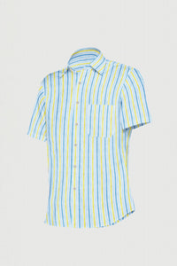 White with Pacific Blue and Pineapple Yellow Multitrack Stripes Pure Linen Shirt
