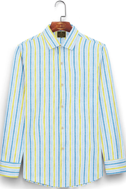 White with Pacific Blue and Pineapple Yellow Multitrack Stripes Pure Linen Shirt