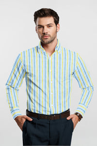 White with Pacific Blue and Pineapple Yellow Multitrack Stripes Pure Linen Shirt