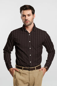 Umber Brown and White Double Pinstripes Luxurious Linen Shirt