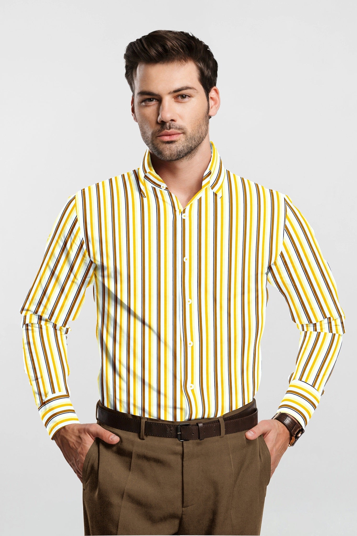 White with Tawny Brown and Saffron Multicolor Wide Stripes Premium Cotton Shirt