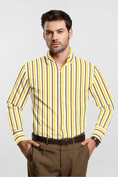 White with Tawny Brown and Saffron Multicolor Wide Stripes Premium Cotton Shirt
