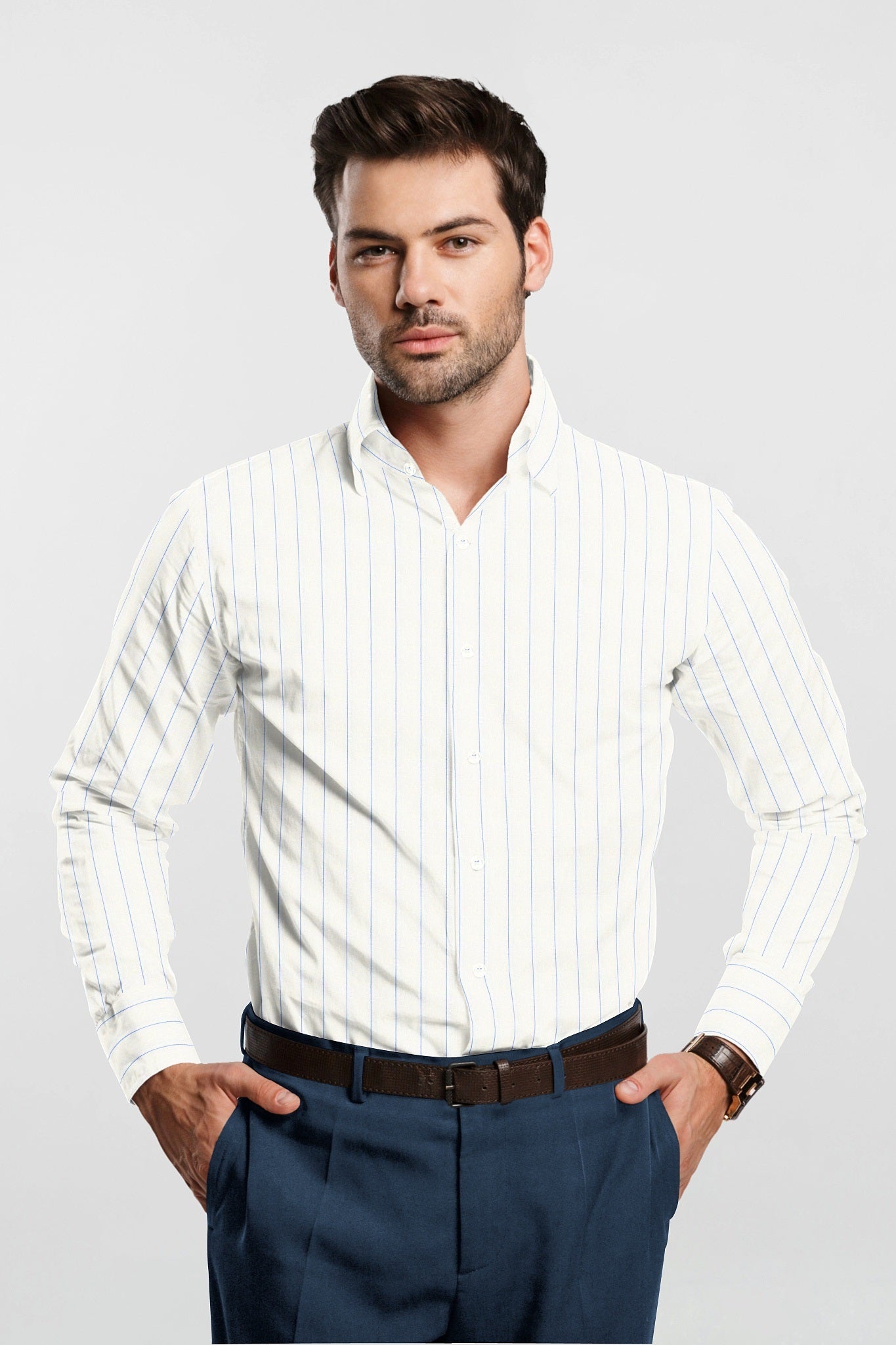White with Dodger Blue Pinstripes Linen Shirt