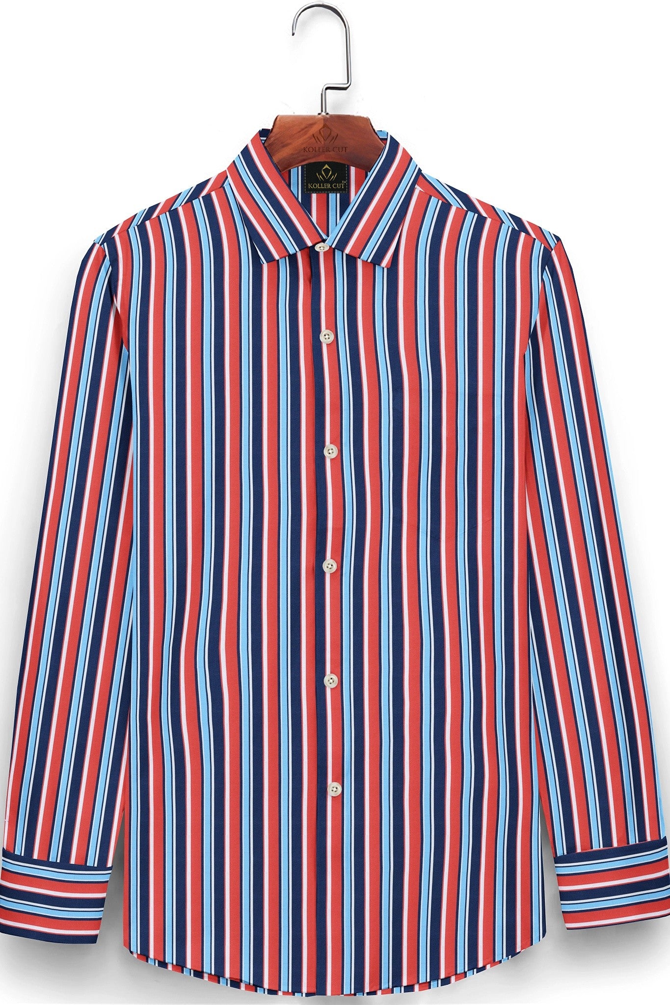 Cadmium Red and Olympic Blue Multicolored Multitrack Stripes Men's Cotton Shirt