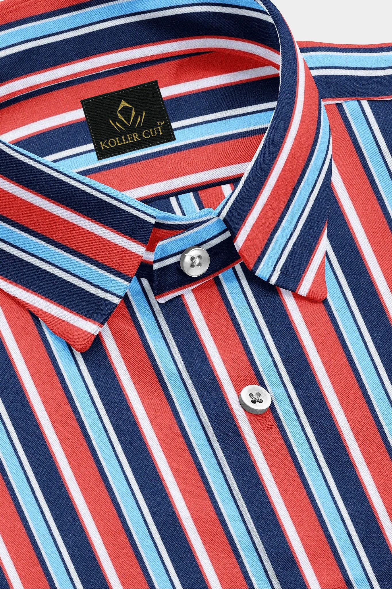 Cadmium Red and Olympic Blue Multicolored Multitrack Stripes Men's Cotton Shirt