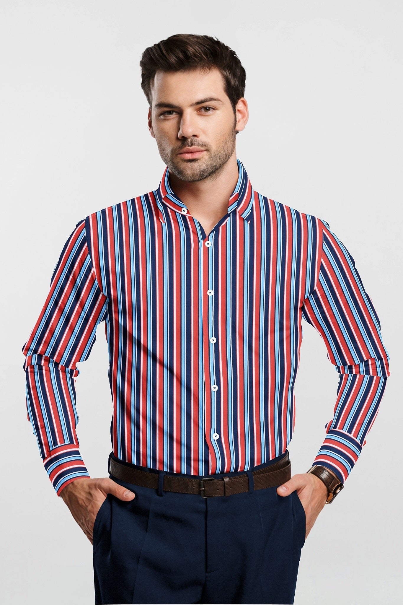 Cadmium Red and Olympic Blue Multicolored Multitrack Stripes Men's Cotton Shirt