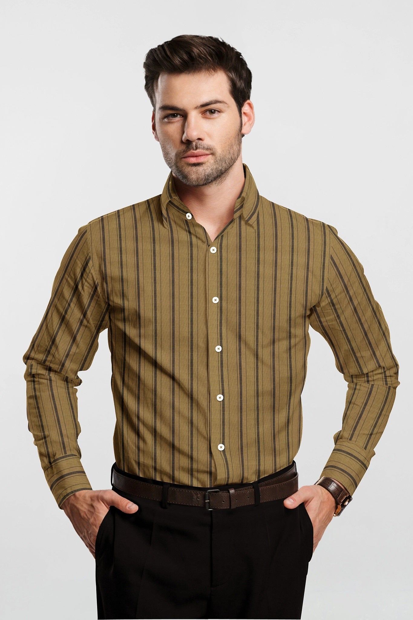 British Khaki and Taupe Wide Stripes Premium Cotton Linen Shirt