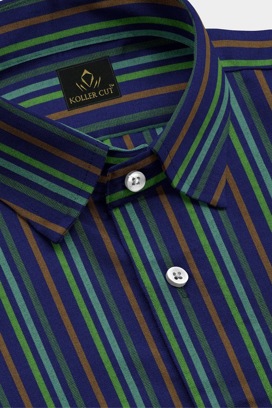 Sapphire Blue with Parakeet Green and Russet Brown Multicolored Stripes Premium Cotton Shirt