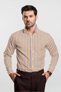 Ruddy Blue with Aureolin Yellow and Neon Red Multitrack Stripes Premium Cotton Shirt