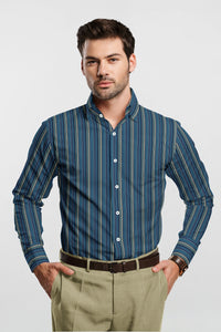 Teal Blue with Navy and Taupe Multicolor Multitrack Chalk Stripes Premium Cotton Shirt