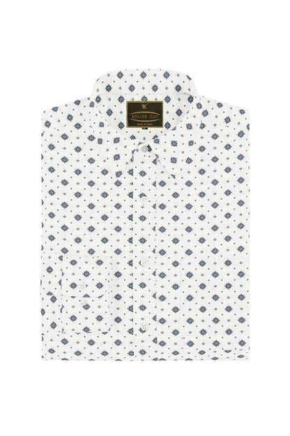 White and Space Blue Motif Printed Cotton Shirt