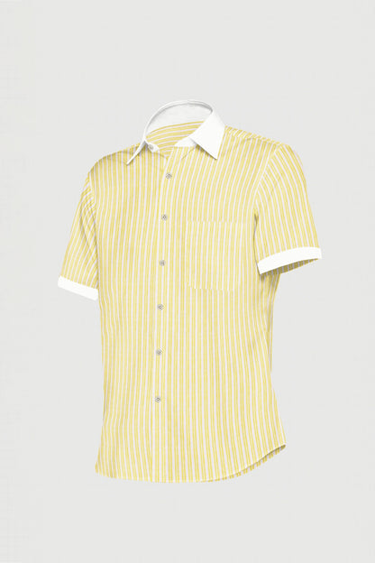 Lemon Yellow and White Double Stripes Designer Cotton Shirt