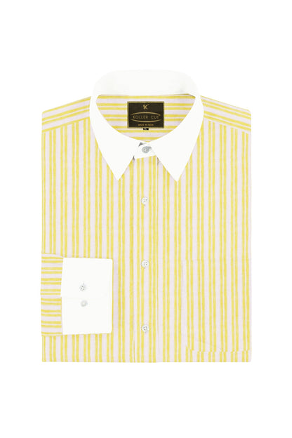 Lemon Yellow and White Double Stripes Designer Cotton Shirt