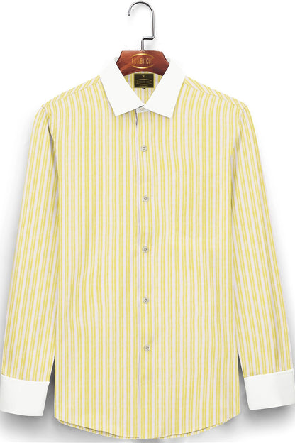 Lemon Yellow and White Double Stripes Designer Cotton Shirt