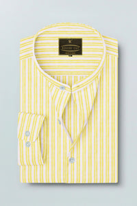 Lemon Yellow and White Mandarin Collar Double Stripes Cotton Shirt