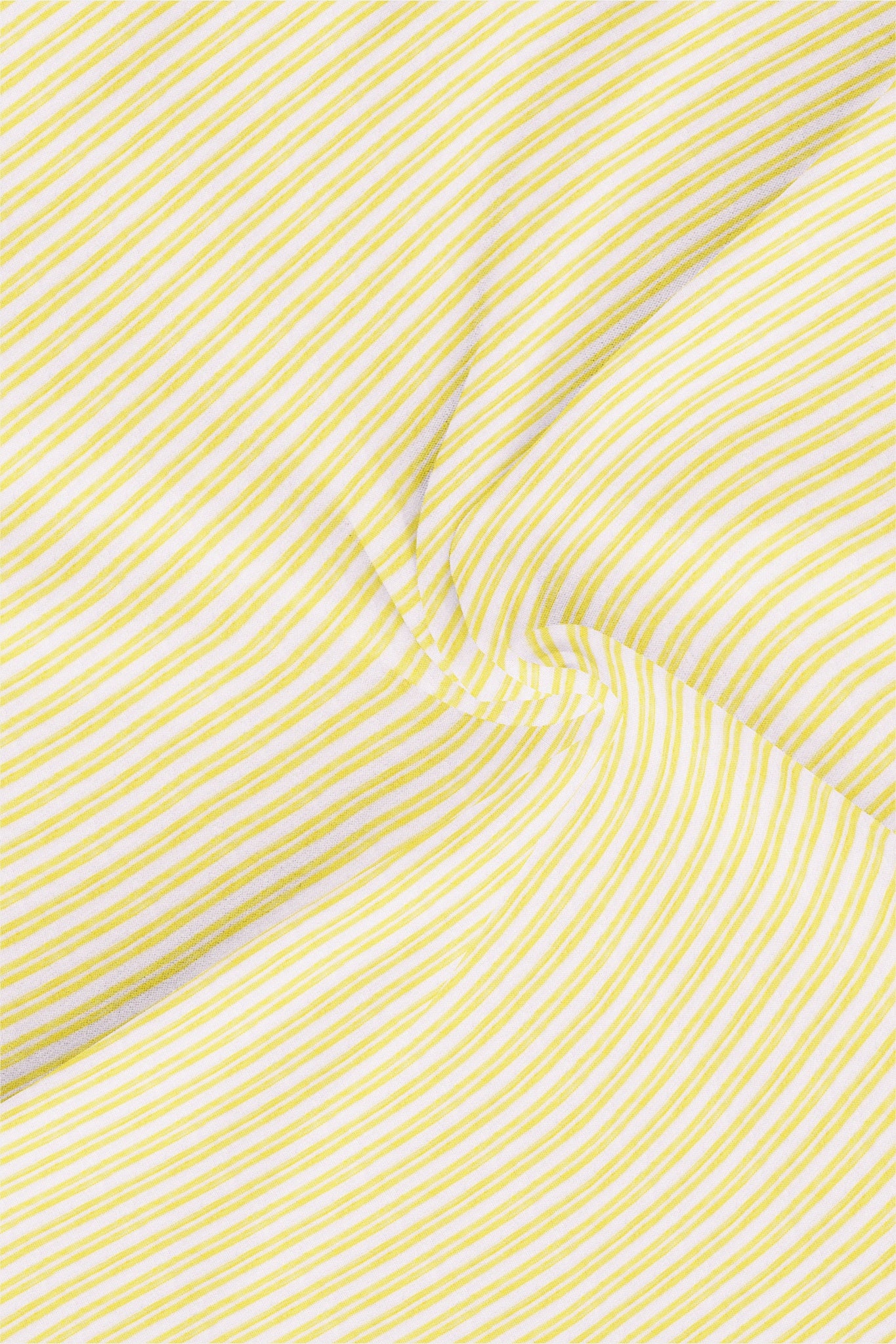 Lemon Yellow and White Mandarin Collar Double Stripes Cotton Shirt