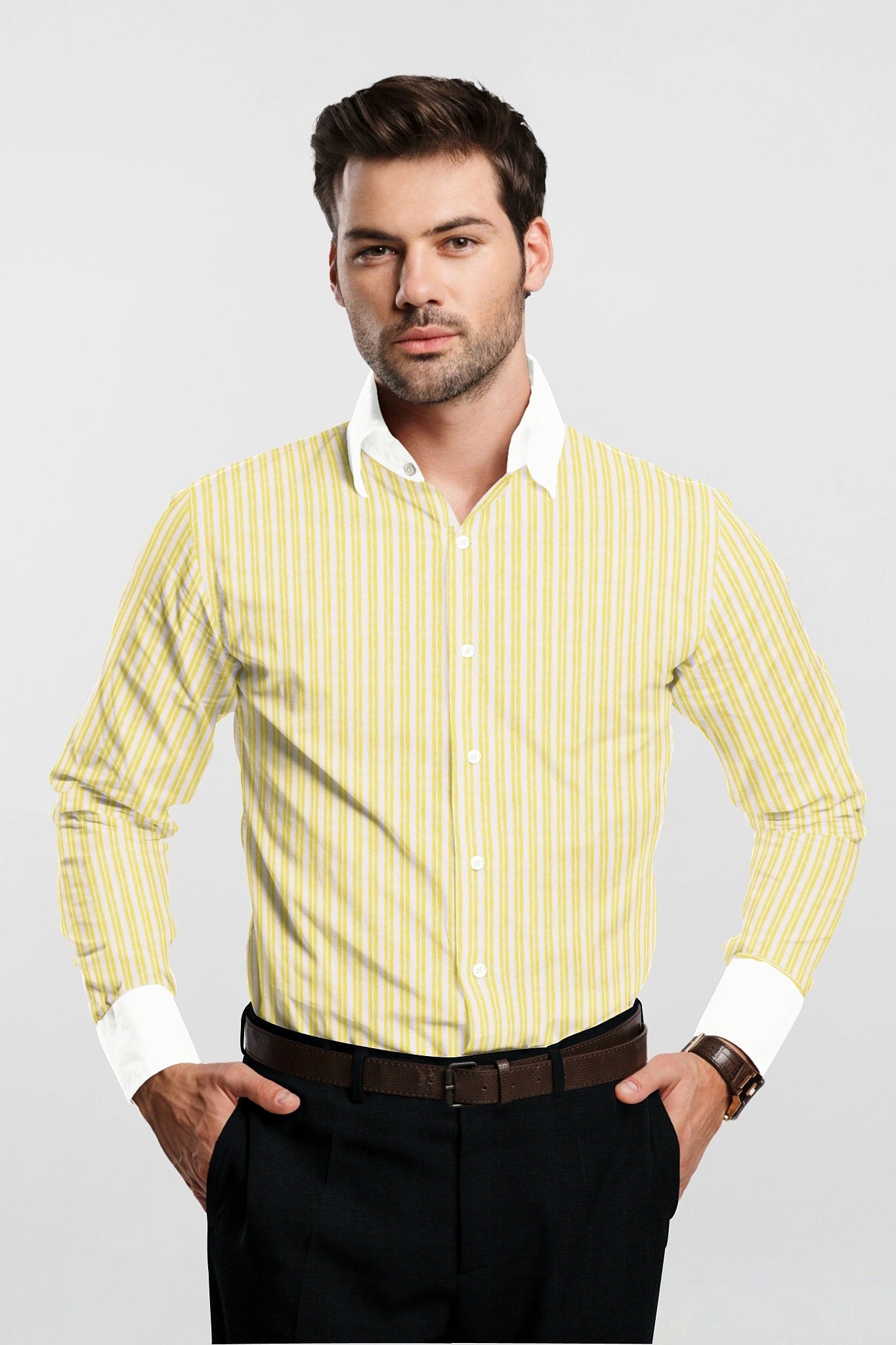 Lemon Yellow and White Double Stripes Designer Cotton Shirt