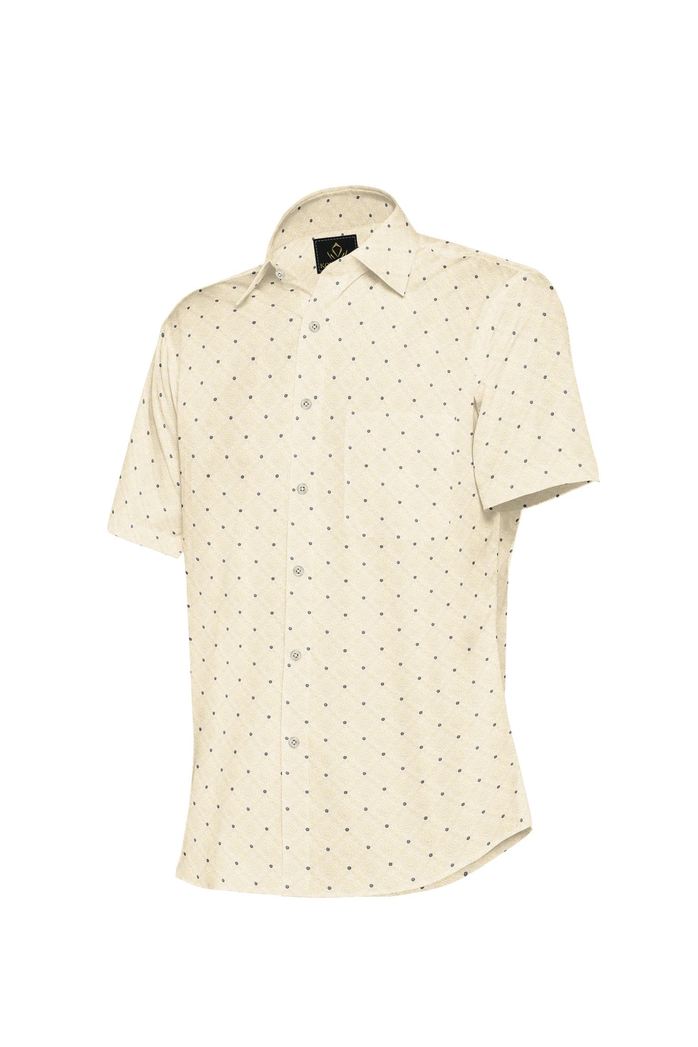 Cream with Indigo Blue and Salt White Geometric Pattern Printed Cotton Shirt