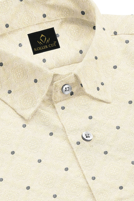 Cream with Indigo Blue and Salt White Geometric Pattern Printed Cotton Shirt