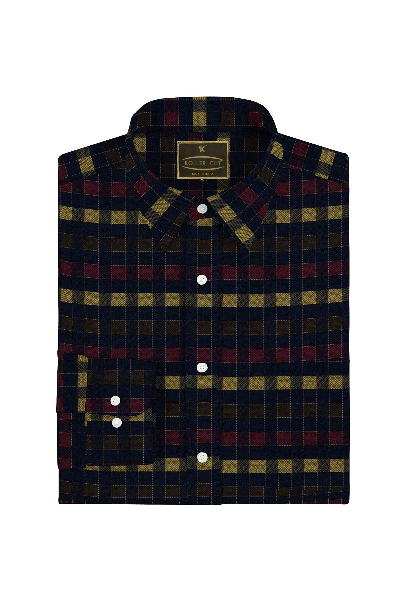 Midnight Blue with Coffee Brown and Raspberry red Multicolor Jacquard  Box Checks Premium Cotton Shirt