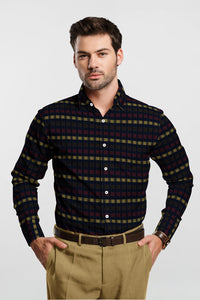 Midnight Blue with Coffee Brown and Raspberry red Multicolor Jacquard  Box Checks Premium Cotton Shirt