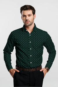 Jet Black and Castleton Green Two Toned Jacquard Square Printed Premium Cotton Shirt