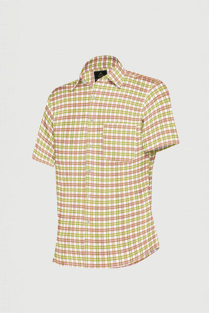 White with Foliage Green and Camellia Red Checks Cotton Shirt