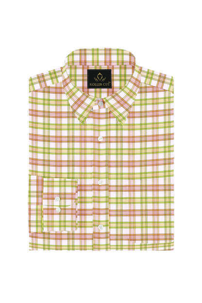 White with Foliage Green and Camellia Red Checks Cotton Shirt