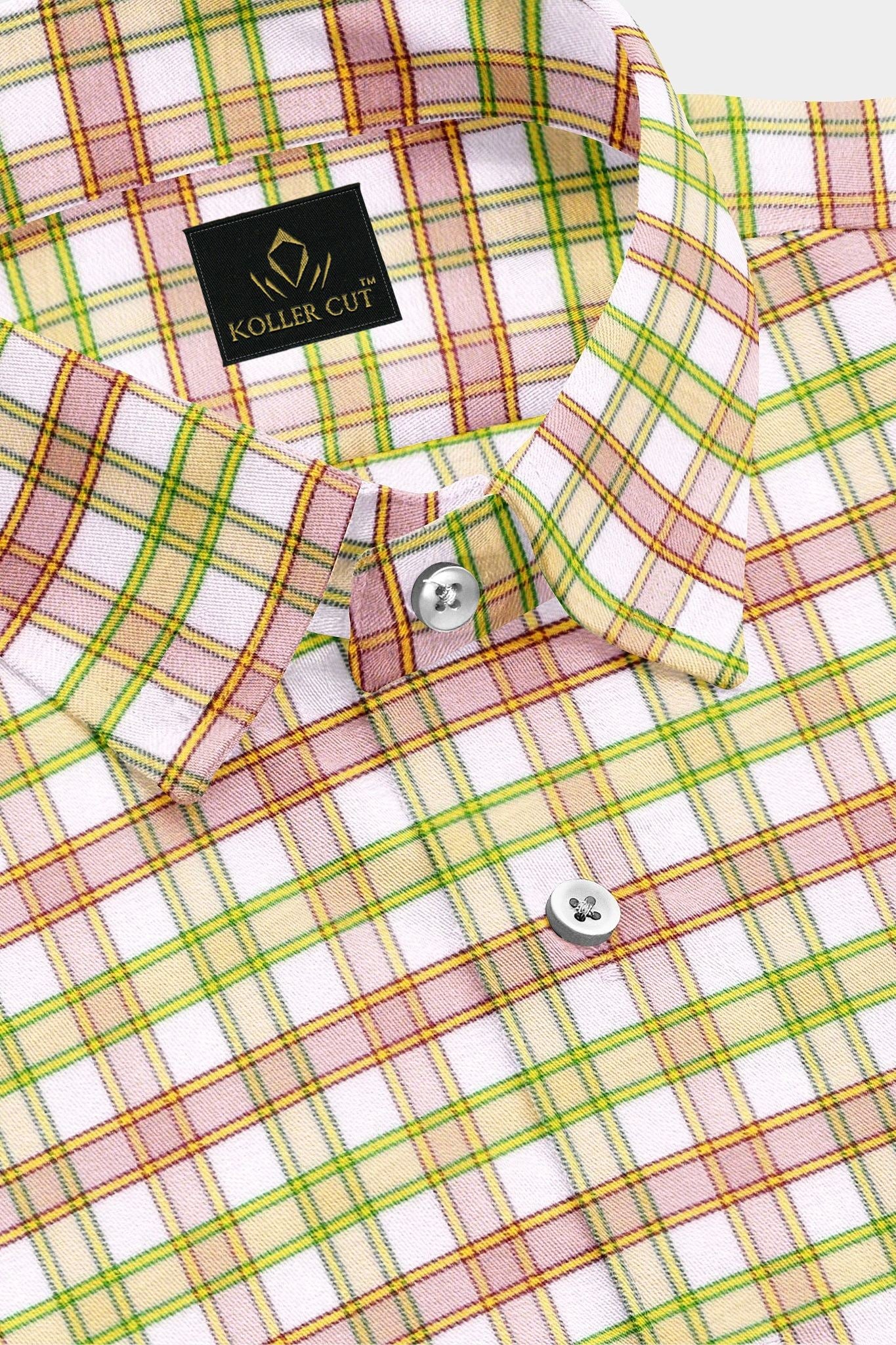 White with Foliage Green and Camellia Red Checks Cotton Shirt